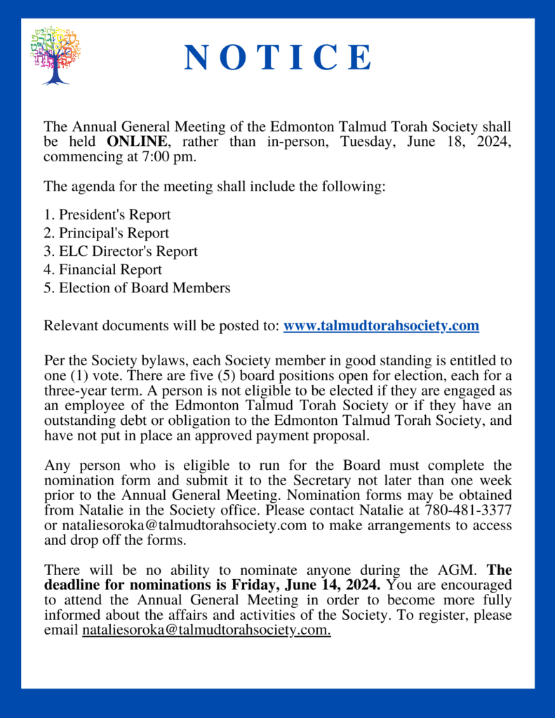 Talmud Torah Times March/April 2024 Newsletter Talmud Torah Society Notice of AGM 2024 9 1 1 Talmud Torah Society